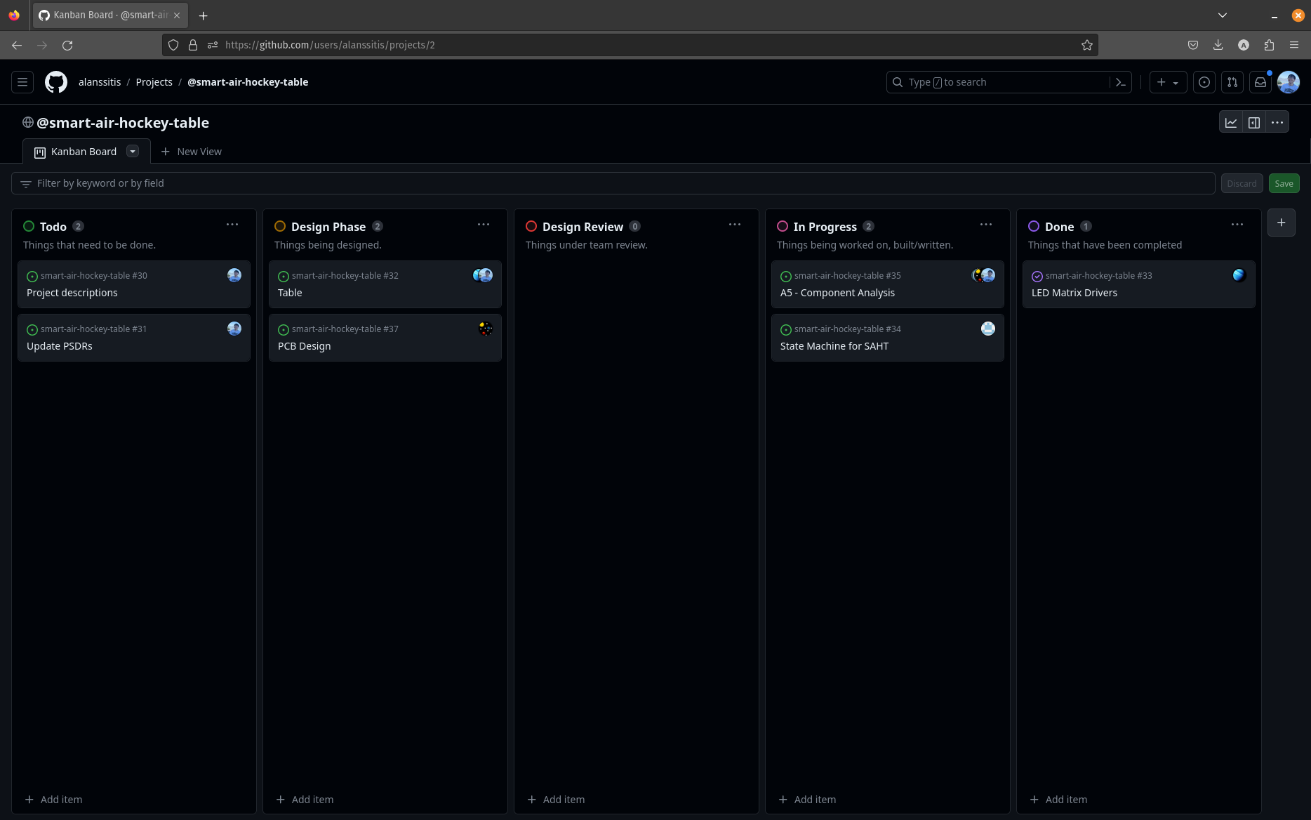 Screenshot of the kanban board